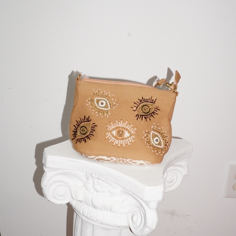 Tan Crossbody Bag with Embroidered Floral Design